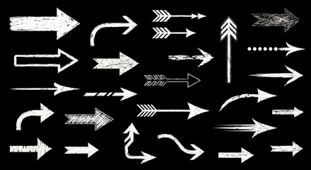 Collection of white chalk arrows pointing in various directions against a black background.