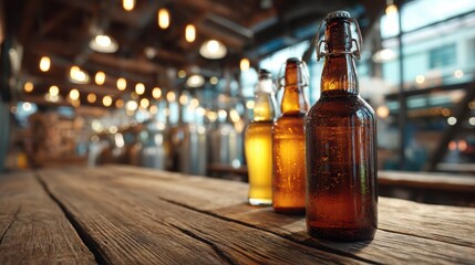 Refreshing Craft Beer Bottles on Rustic Wooden Table with Bokeh