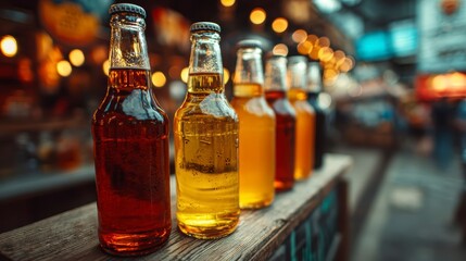Colorful Bottles of Refreshing Beverages Displayed on a Rustic Table
