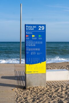 Badalona, Spain-April 2, 2023. Information poster about Platja del Cristall in Badalona, Spain.