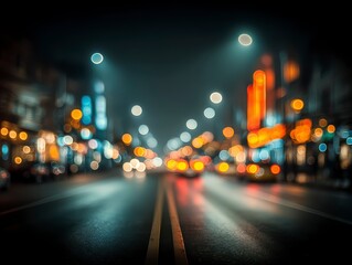 Blurry Night Street Scene with Colorful Lights and Reflections