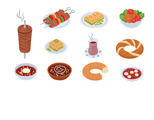 Traditional Turkish Food Icons – Doner, Baklava, Kebab, Tea, Simit, and Cuisine Clipart