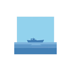 A minimalist illustration of a boat sailing on calm blue waters under a clear sky.