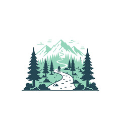 Fototapeta premium Illustration of a mountain landscape with a winding path and two figures.