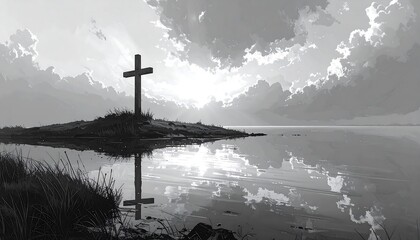 A serene grayscale landscape portrays a wooden cross on a small island, reflected perfectly in a calm lake, under a dramatic sky.