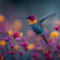 Obraz premium Vibrant Hummingbird Hovering Over Colorful Blossoms in Nature