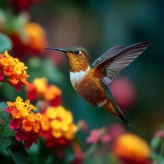 Fototapeta premium Vibrant Hummingbird in Flight Among Colorful Flowers