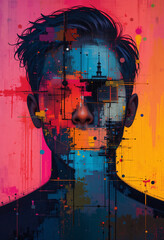Abstract digital portrait of man with colorful glitch effect, modern pop art painting style for creative design and artistic background