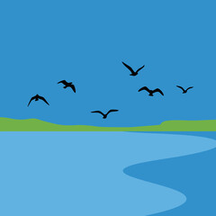 Seascape with birds in flight over a calm body of water and green hills.