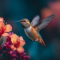 Fototapeta premium Colorful Hummingbird in Flight Near Vibrant Tropical Flowers