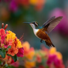 Fototapeta premium Vibrant Hummingbird Feeding on Colorful Tropical Flowers in Nature