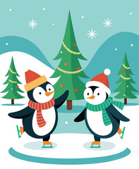 Two cute penguins ice skating in a winter wonderland
