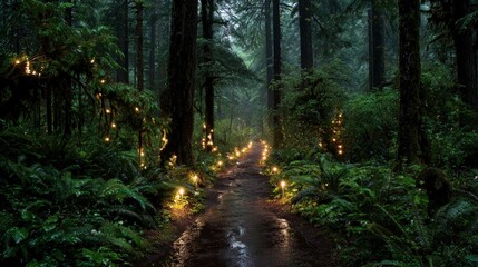Obraz premium Enchanted forest path, glowing lights