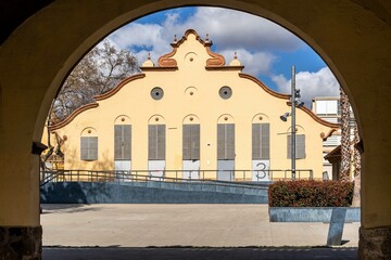 Badalona, Spain- March 19, 2023. Entrance to the building of the former animal slaughterhouse of Badalona.