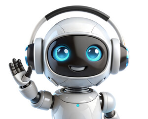 Cute robot with headphones waving hello, isolated on transparent background
