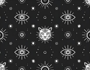 A repeating pattern featuring tiger heads, all-seeing eyes, suns, and abstract shapes on a dark background.