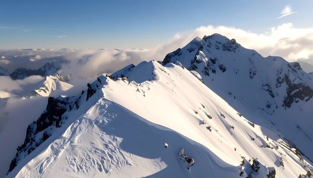 Mountain peak, snow-covered ridge, and clouds