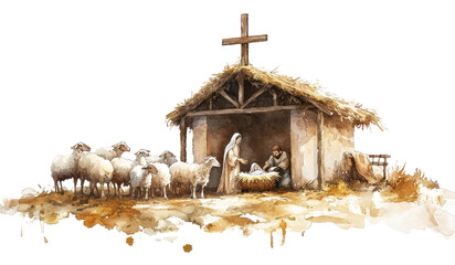 PNG Nativity scene sheep cross illustration.