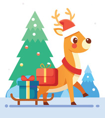 Cute reindeer pulling a sleigh full of christmas gifts
