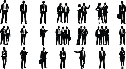 Business professionals silhouette set, corporate attire, teamwork, communication, leadership