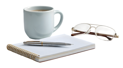 White coffee mug notebook and aviator sunglasses isolated on transparent background
