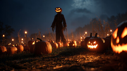 Jack-O-Lanterns and a Scarecrow in a Cornfield on a Foggy Halloween Night