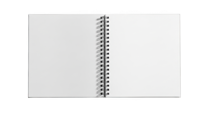 3d open spiral notebook with blank pages and metal binding transparent background