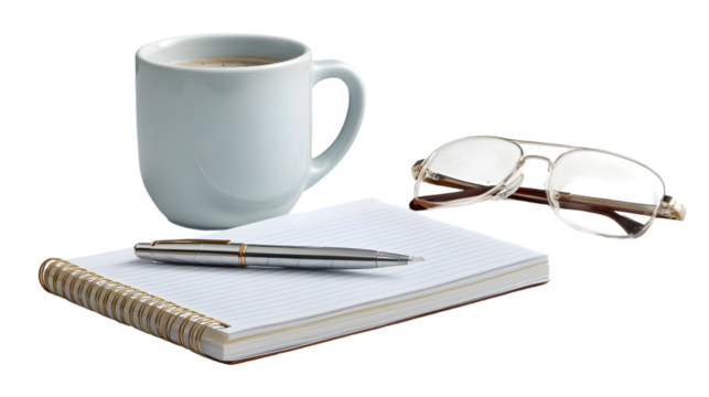 White coffee mug notebook and aviator sunglasses isolated on transparent background