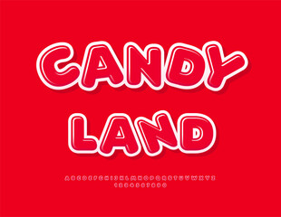 Vector Playful emblem Candy Land. Bright Artistic Red Font. Glossy Sweet Alphabet Letters and Numbers set.