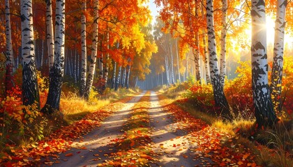 Obraz premium Autumnal Forest Pathway Radiating with Sunlight