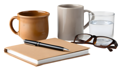 Still life of notebook pen glasses and mugs isolated on transparent background