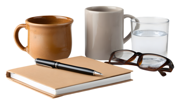 Still life of notebook pen glasses and mugs isolated on transparent background