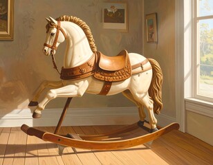 A vintage rocking horse, meticulously detailed in a sun-drenched room, displays ornate carvings and warm tones.