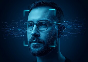 Futuristic facial recognition technology scanning the face of a man with a beard and glasses.