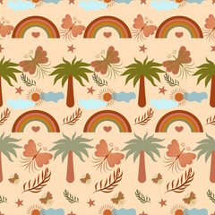 Summer pattern. Abstract earth tone background. Sun and trees and butterflies print. Boho. Minimalist style vector illustration. Sun and clouds.Seamless pattern for textiles. Modern and chic backgroun