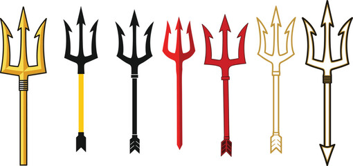 Stylized trident vector set with varied colors, wrapped grips, symmetrical design for mythology, fantasy weapon, iconography, and graphic illustration