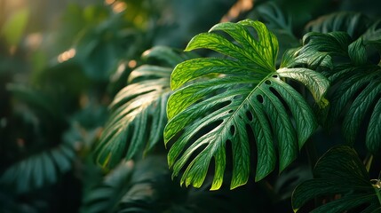 Lush Green Monstera Leaves in Natural Sunlight with Textured Surface