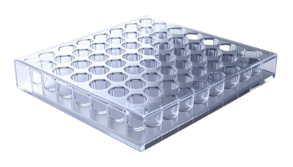 Transparent square plastic container with numerous round wells