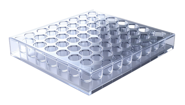 Transparent square plastic container with numerous round wells