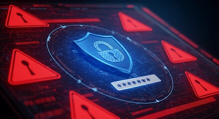 Digital security concept with a glowing shield, padlock, and password input surrounded by red warning signs on a dark, futuristic interface.