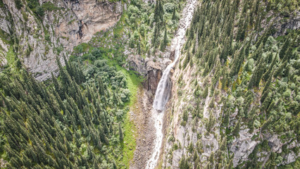 The aerial view of Barskoon Waterfall in Kyrgyzstan