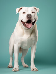Obraz premium Smiling white dog standing against a teal backdrop, full body portrait