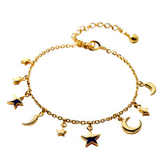 Naklejka premium Elegant gold charm bracelet with celestial moon and star pendants isolated on transparent background