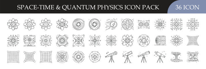 Space Time and Quantum Physics Line Icons Set - Set of 36 outline icons illustrating quantum physics, atoms, molecules, relativity, spacetime, telescopes, and scientific research concepts for projects