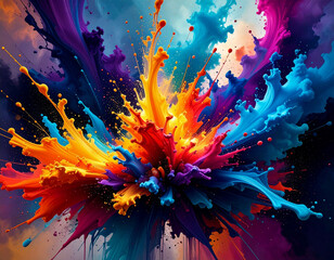 Bold paint explosion in rainbow hues. Dynamic colorful liquid splash artwork. Creative splash of vibrant paint. Artistic explosion of vibrant colorful paint. Fluid paint burst in rainbow tones
