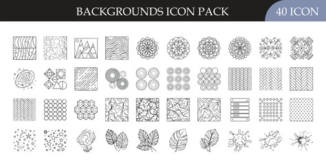 Background Patterns and Decorative Icons Pack - Set of 40 outline icons featuring abstract patterns, textures, floral designs, and decorative background elements for creative and graphic projects.
