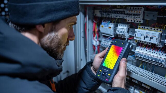 Electrician uses a thermal camera to diagnose a complex electrical panel, revealing a single overheating breaker glowing bright yellow, highlighting fault detection, safety, and preventive maintenance