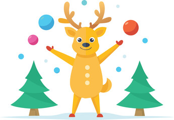 Joyful reindeer juggling ornaments in a winter wonderland