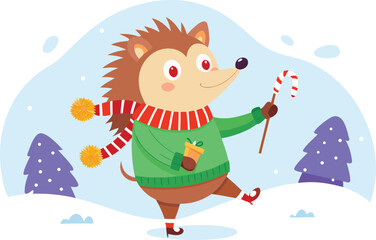 Cute hedgehog character enjoying a winter holiday with candy cane