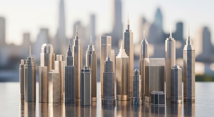 A diverse collection of cosmetic makeup foundation bottles arranged in a professional display against a blurred city skyline